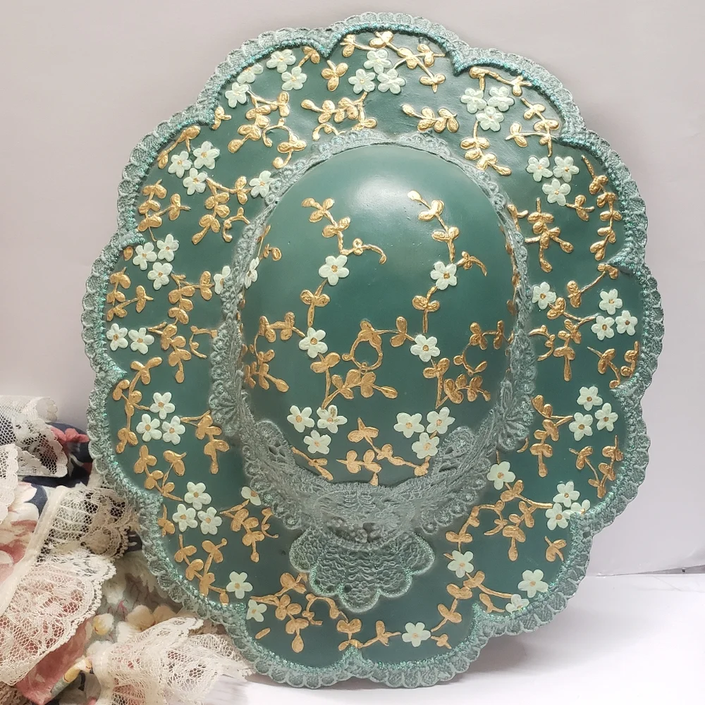 Ceramic Hand Painted Green & Gold Floral Ladies Hat Wall Hanging Artist Signed